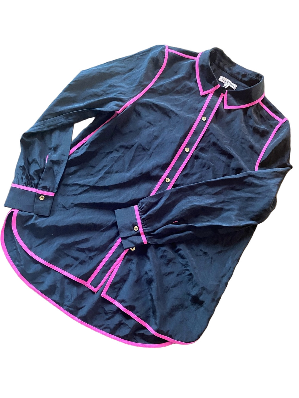Juicy Couture silk Black Button-Down Blouse with Pink Trim